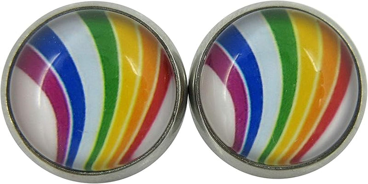 Summerfield Collection Stainless Steel Vintage Rainbow Stripe Print Glass Stud Earrings 12mm