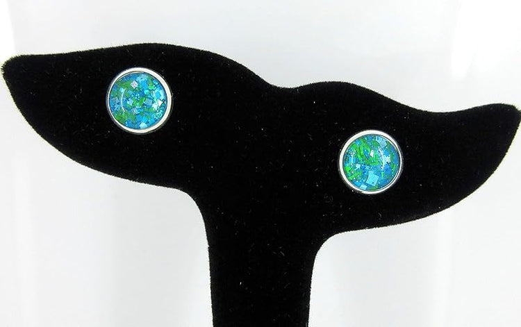 Summerfield Collection Silver-tone Aqua Blue and Green Glitter Glass Stud Earrings Hand-painted 10mm