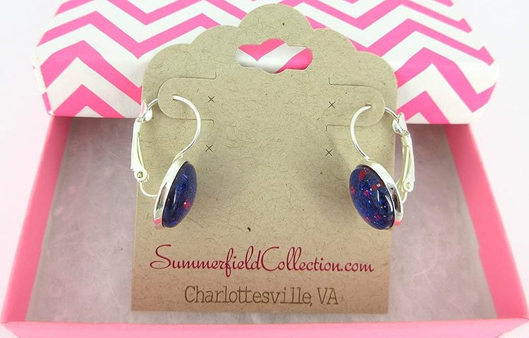 Summerfield Collection Silver-tone Blue Purple and Pink Glitter Glass Lever-back Drop Earrings Hand-painted