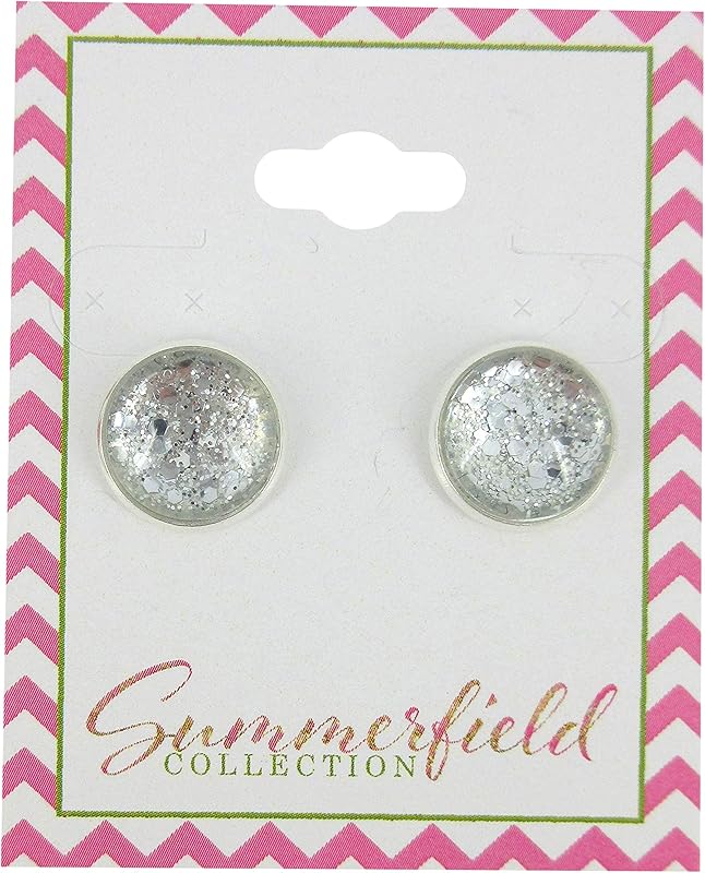 Summerfield Collection Silver-tone Glitter Glass Stud Earrings 12mm Hand-painted