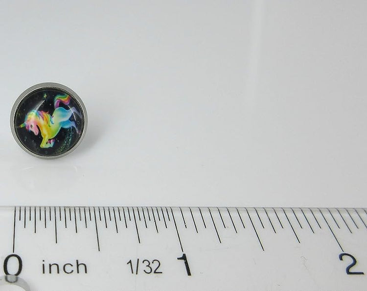 Summerfield Collection Stainless Steel Rainbow Unicorn Black Print Glass Stud Earrings 12mm