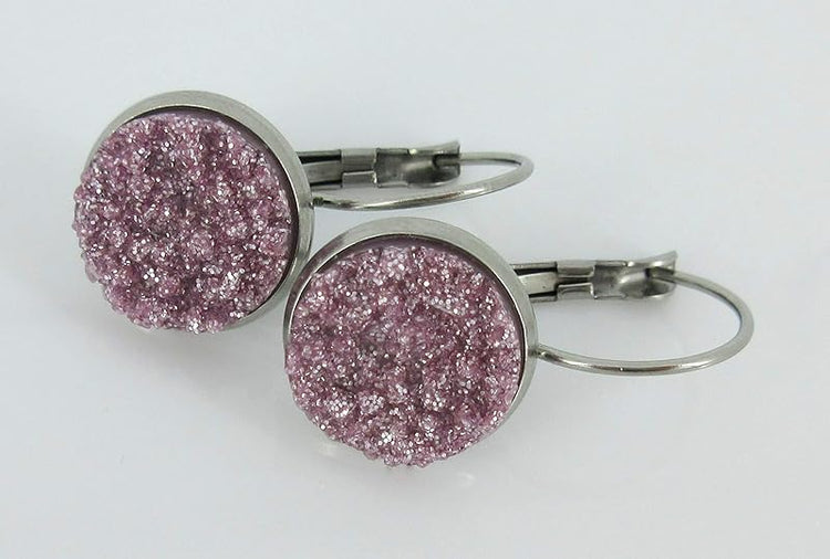 Summerfield Collection Stainless Steel Lilac Glitter Faux Druzy Stone Lever-back Drop Earrings 12mm