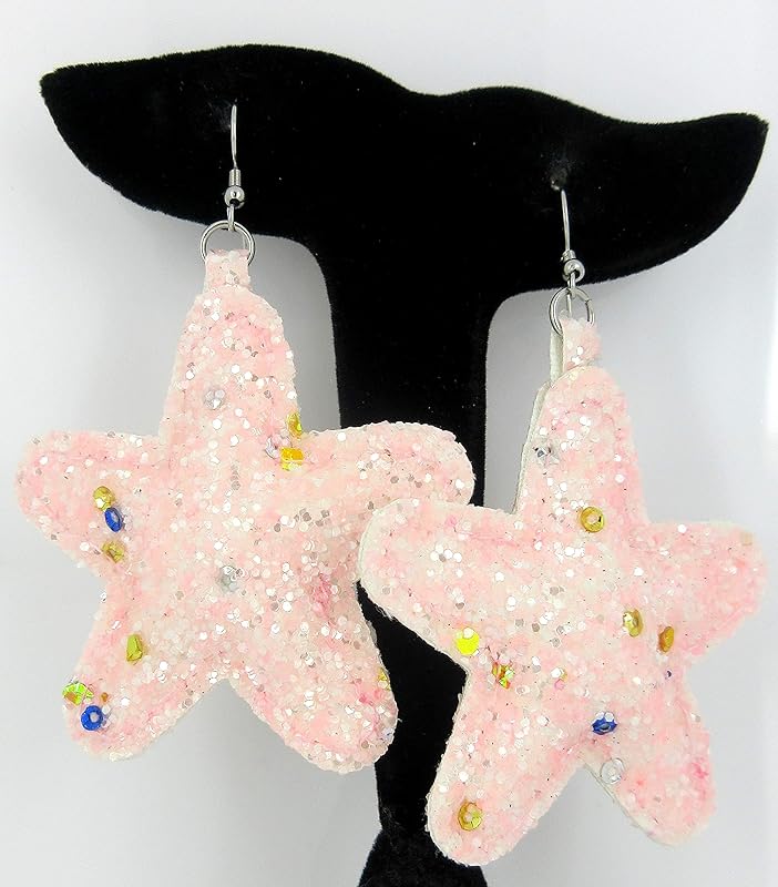 Summerfield Collection Stainless Steel Pastel Glitter Faux Leather Large Puffy Star Dangle Earrings (Light Pink)