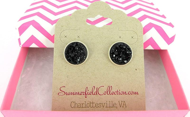 Summerfield Collection Silver-tone Black Faux Druzy Stone Stud Earrings 12mm