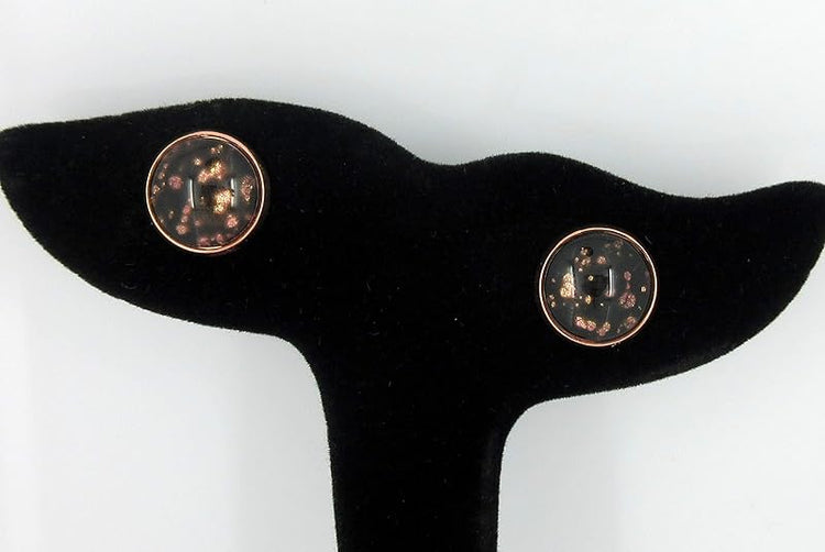 Summerfield Collection Rose Gold-tone Black Spotted Glitter Glass Stud Earrings Hand-painted 12mm
