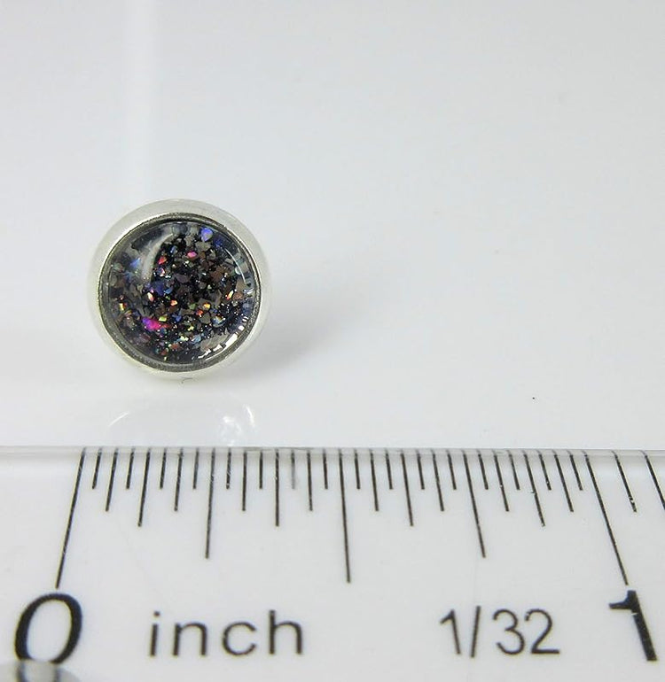 Summerfield Collection Silver-tone Black and Silver Flake Glitter Glass Stud Earrings Hand-painted 8mm