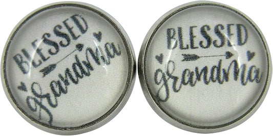 Summerfield Collection Stainless Steel Blessed Grandma Print Glass Stud Earrings 12mm
