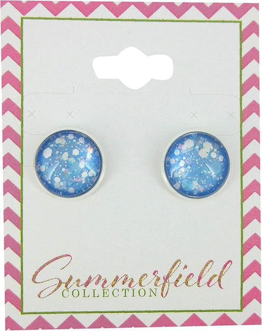 Summerfield Collection Silver-Tone Ice Blue and White Glitter Glass Stud Earrings 12mm