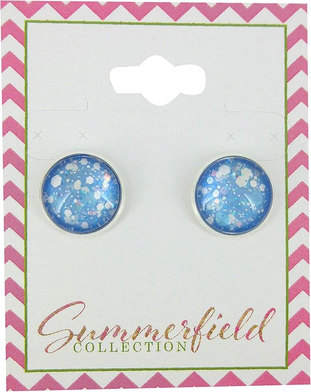 Summerfield Collection Silver-Tone Ice Blue and White Glitter Glass Stud Earrings 12mm