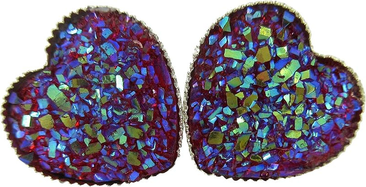 Summerfield Collection Silver-tone Heart Faux Druzy Stone Stud Earrings 12mm (Raspberry Pink AB)