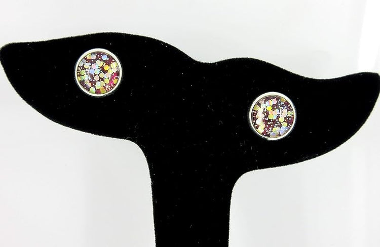 Summerfield Collection Silver-tone Burgundy Confetti Glitter Glass Stud Earrings Hand-painted 10mm