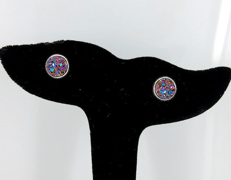 Summerfield Collection Silver-tone Metallic Faux Druzy Stone Stud Earrings 8mm (Pink/Teal)