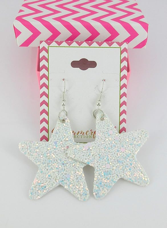 Summerfield Collection Glitter Faux Leather Large Star Dangle Earrings (White with Pink and Lt Blue)