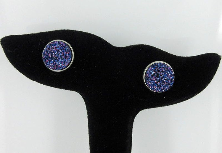 Summerfield Collection Trio Stainless Steel Glitter Faux Druzy Stone Stud Earrings Set (Purple/Silver/Blue)