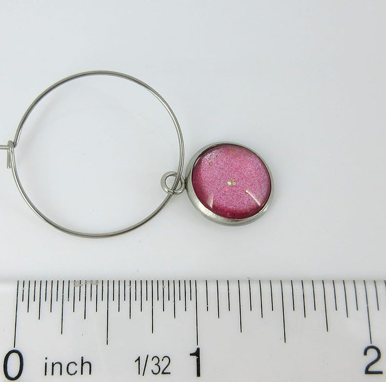 Summerfield Collection Stainless Steel Pink and Silver Glitter Glass Charm Hoop Earrings Hand-painted 1"