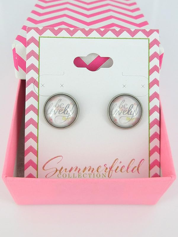 Summerfield Collection Stainless Steel Be Lovely Print Glass Stud Earrings 12mm