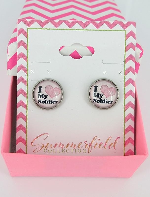 Summerfield Collection Stainless Steel I Love My Soldier Print Glass Stud Earrings 12mm Pink Black