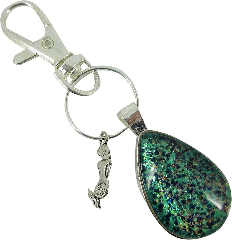Summerfield Collection Silver-tone Mermaid Charm Glitter Glass Teardrop Keychain Hand-painted