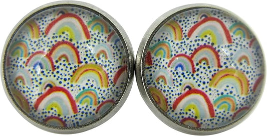 Summerfield Collection Stainless Steel Yellow Blue Vintage Rainbows Print Glass Stud Earrings 12mm Dots