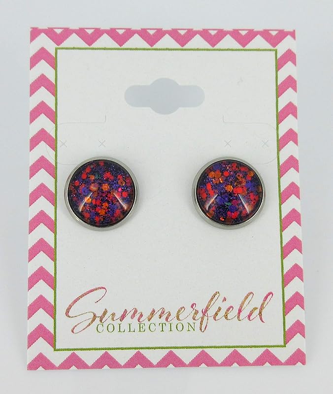 Summerfield Collection Stainless Steel Purple Orange Glitter Glass Stud Earrings Hand-painted 12mm