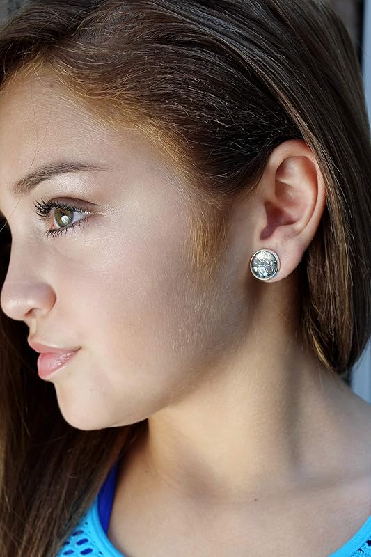 Summerfield Collection Silver-tone Black Holographic Glitter Glass Galaxy Stud Earrings Hand-painted 12mm