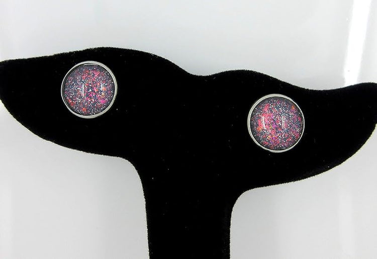 Summerfield Collection Stainless Steel Gray and Rainbow Holographic Glitter Glass Stud Earrings Hand-painted 12mm