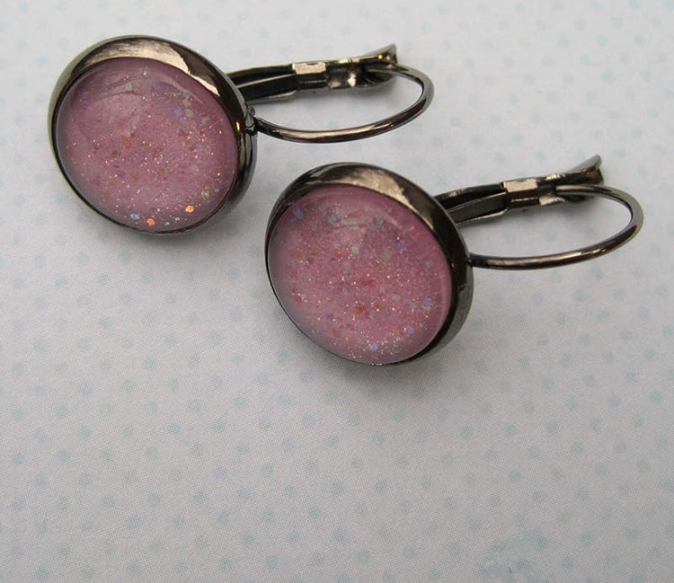 Summerfield Collection Hematite-Tone Lilac Purple Glitter Glass Lever-back Drop Galaxy Earrings Hand-painted