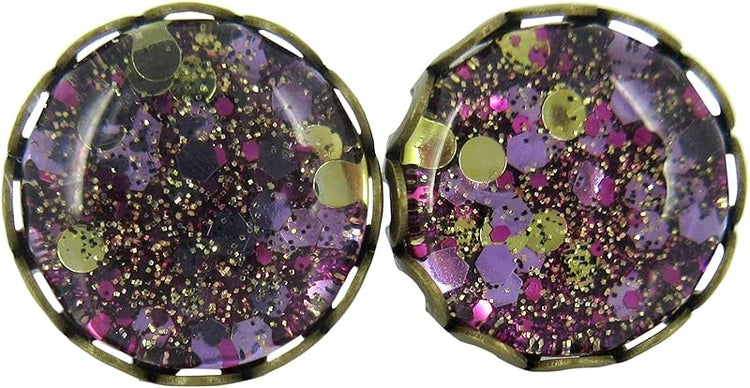 Summerfield Collection Antiqued Gold-tone Purple Glitter Glass Stud Earrings Hand-painted 10mm
