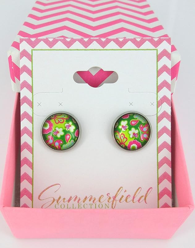 Summerfield Collection Stainless Steel Green and Pink Flower Paisley Print Glass Stud Earrings 12mm Vintage Vibe