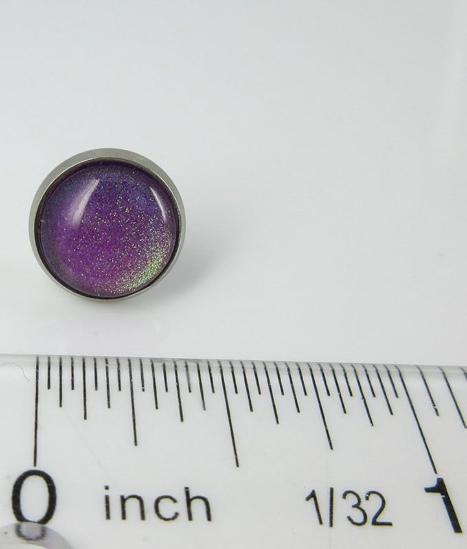 Summerfield Collection Stainless Steel Purple Colorshifting to Green Glitter Glass Stud Earrings Hand-painted 10mm