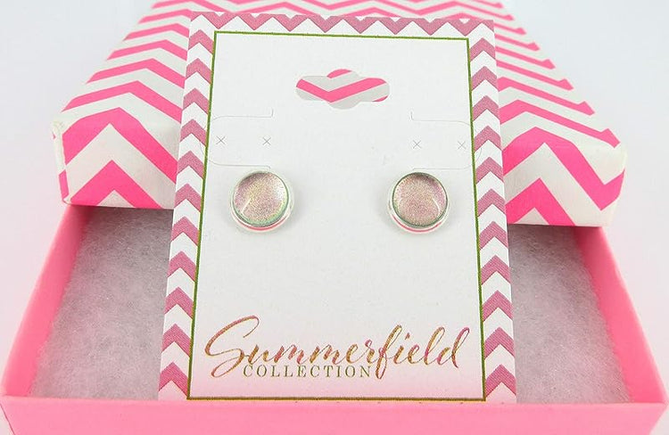 Summerfield Collection Silver-tone Pink to Green Color Shift Glitter Glass Stud Earrings Hand-painted 8mm
