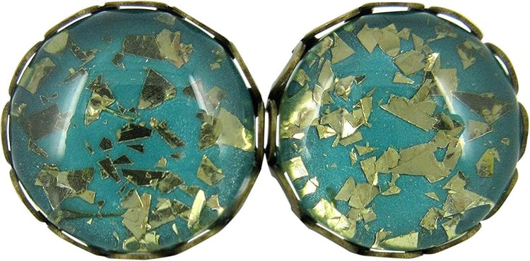 Summerfield Collection Antiqued Gold-tone Teal Blue Green Glitter Glass Stud Earrings Hand-painted 12mm