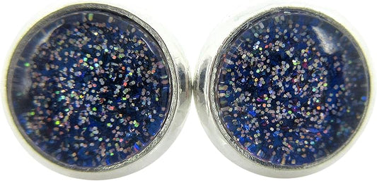 Summerfield Collection Silver-tone Royal Blue and Holographic Glitter Glass Stud Earrings Hand-painted 8mm