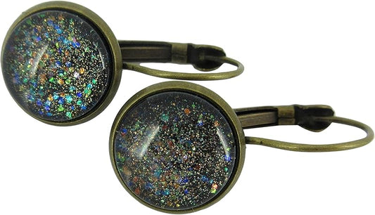 Summerfield Collection Antiqued Gold-tone Black Glitter Glass Lever-back Drop Galaxy Earrings Hand-painted