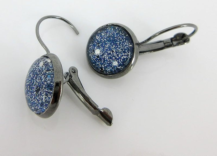 Summerfield Collection Hematite-tone Blue Silver Black Glitter Glass Galaxy Lever-back Drop Earrings Hand-painted