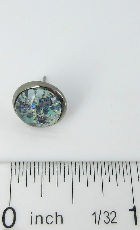 Summerfield Collection Hematite-tone Mint Green and Silver Glitter Glass Stud Earrings Hand-painted 10mm