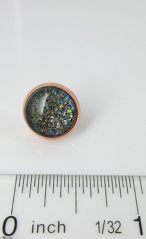Summerfield Collection Rose Gold-tone Black Iridescent Glitter Glass Galaxy Stud Earrings Hand-painted 12mm