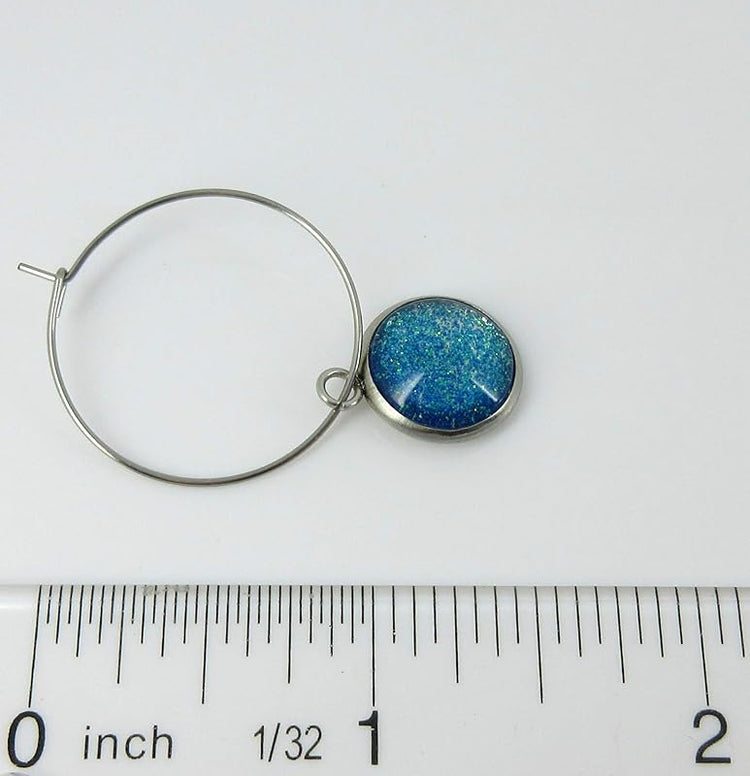 Summerfield Collection Stainless Steel Blue Green Glitter Glass Charm Hoop Earrings Hand-painted 1"