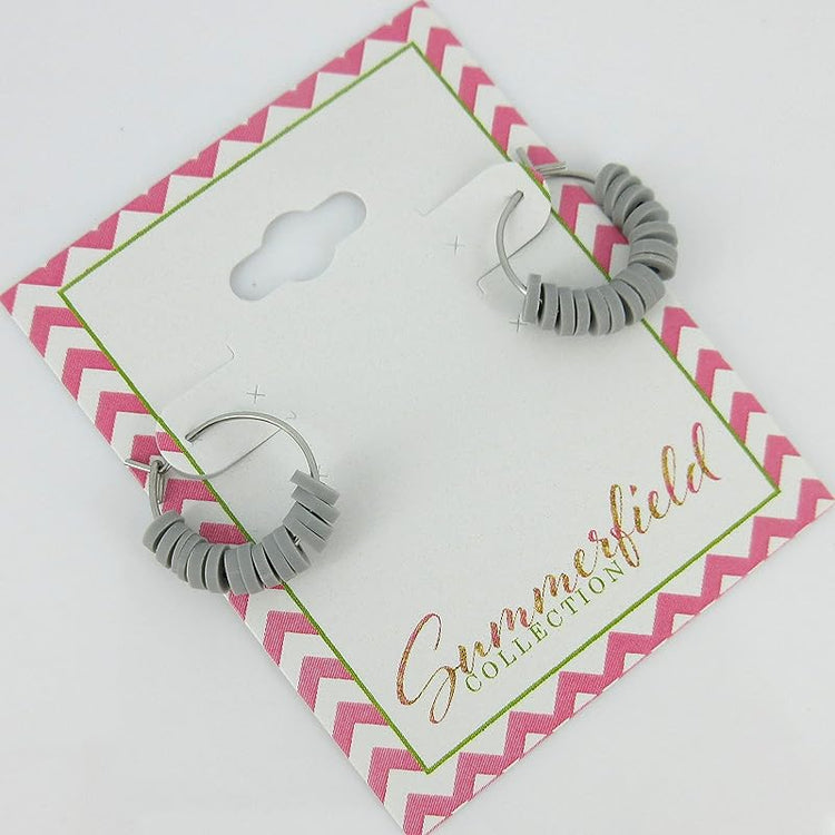 Summerfield Collection 15mm Stainless Steel Polymer Clay Katsuki Bead Hoop Earrings (Light Gray)