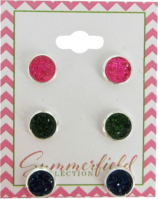 Summerfield Collection Trio Silver-tone Stud Earrings 8mm Faux Druzy Stone Set (Green/Navy Blue/Hot Pink)
