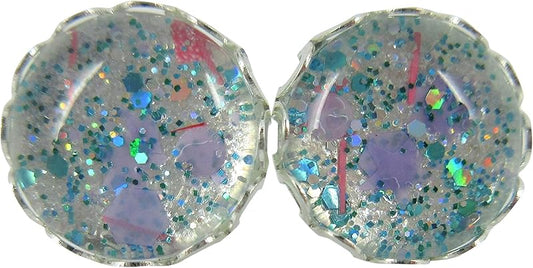 Summerfield Collection Stainless Steel Pearly Silver Lilac Purple Aqua Blue and Pink Glitter Glass Stud Earrings Hand-painted 12mm