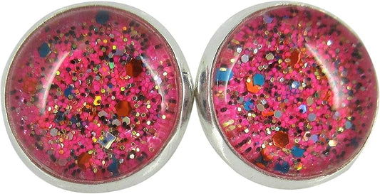 Summerfield Collection Silver-tone Hot Pink and Multi Color Glitter Glass Stud Earrings Hand-painted 12mm