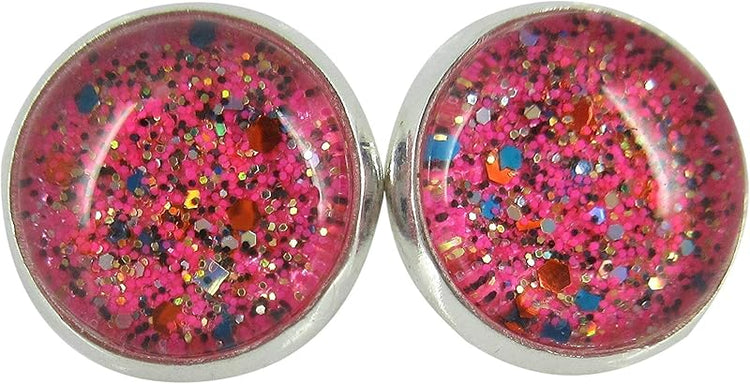 Summerfield Collection Silver-tone Hot Pink and Multi Color Glitter Glass Stud Earrings Hand-painted 12mm