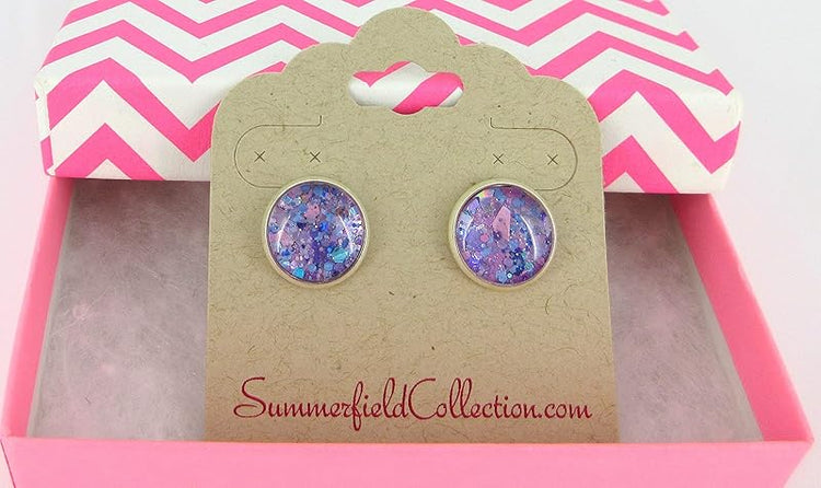Summerfield Collection Silver-tone Purple Unicorn Mix Glitter Glass Stud Earrings Hand-painted 12mm