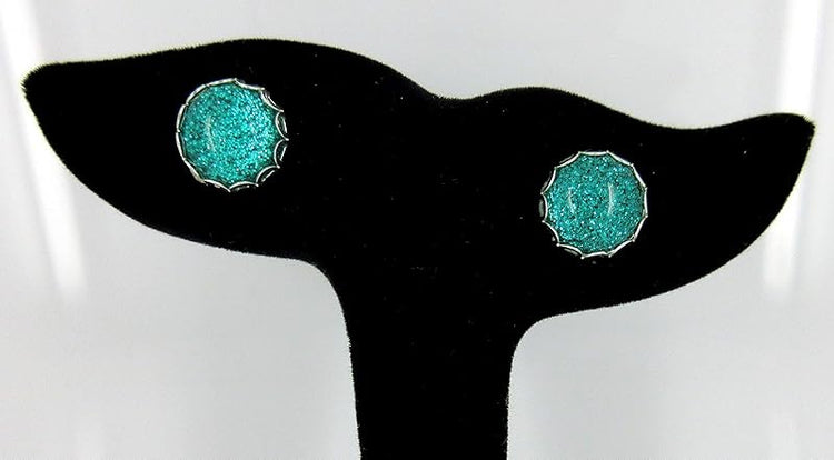 Summerfield Collection Trio Silver-tone Stud Earrings Aqua Blue Faux Druzy Stone Mermaid Scale Glitter Resin Set