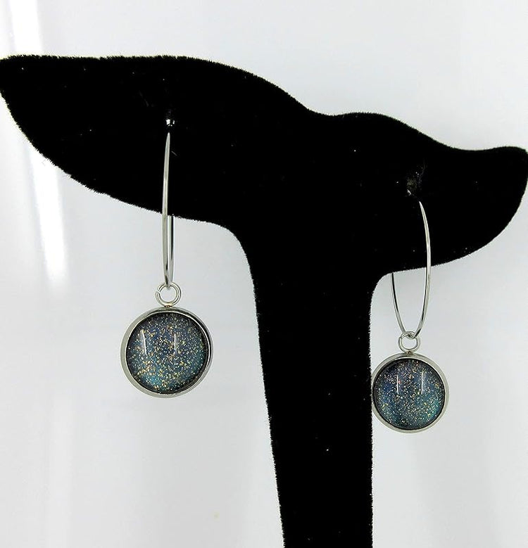 Summerfield Collection Stainless Steel Blue Purple Gray Glitter Glass Charm Hoop Earrings Hand-painted 1"