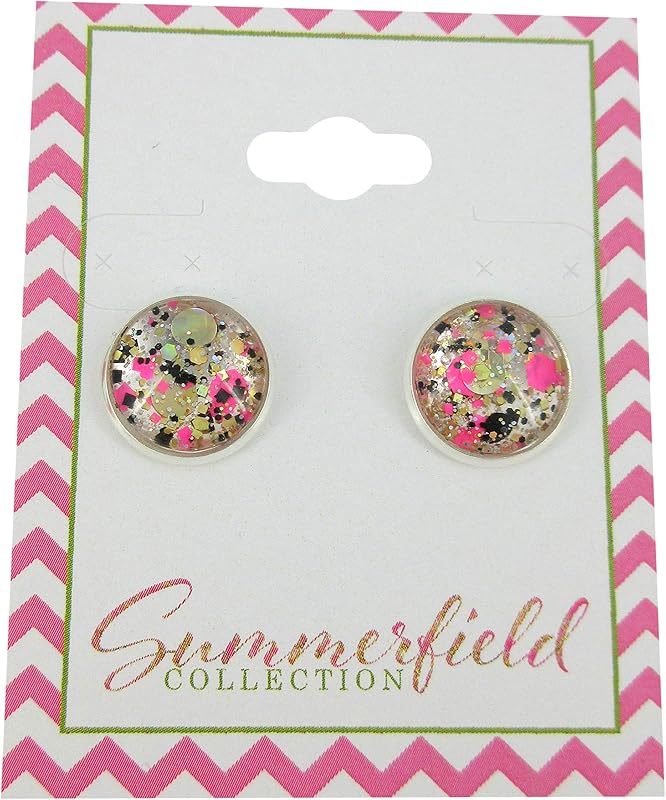 Summerfield Collection Silver-Tone Neon Pink Gold and Black Glitter Glass Stud Earrings 1/2" Round