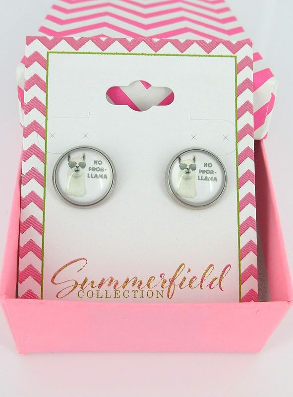 Summerfield Collection Stainless Steel Llama Print Glass Stud Earrings 12mm (No Prob Llama)