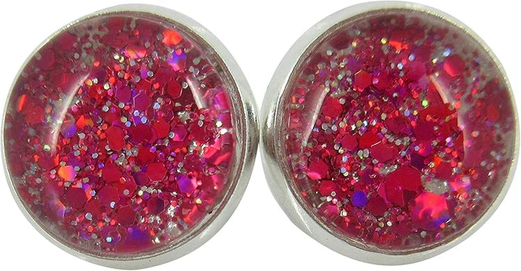 Summerfield Collection Silver-tone Hot Pink and Pearly White Glitter Glass Stud Earrings Hand-painted 12mm