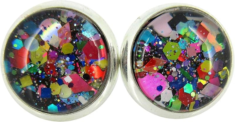 Summerfield Collection Silver-tone Black and Multi-Color Confetti Glitter Glass Stud Earrings Hand-painted 10mm